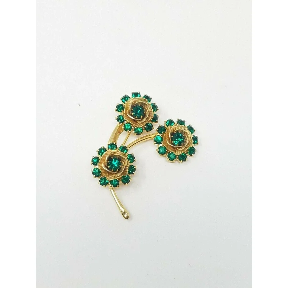 Vtg flower‎ bouquet brooch pin gold tone green rhinestone beads florentine boho